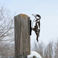 Woodpecker Tree Silhouette Fence Mounted Metal Bird Decoration - Black