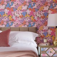 Woodland Meadow Wallpaper in Brights on Pink - Pink