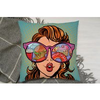 Woman With Sunglasses. Fast Food And Sweets In The Reflection Cushion - Green / 60cm