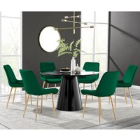Palma Black Semi Gloss Round Dining Table and 6 Pesaro Gold Leg Chairs - Green