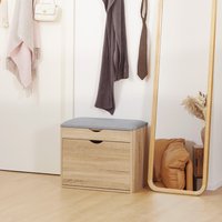 HOMCOM Upholstered Shoe Storage Bench with Cabinet, Hidden Space for Entryway - Natural Wood Effect