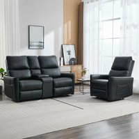 Madrid Manual Air Leather Recliner Sofa Set With Console - Black