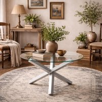 San Sebastian Round Glass Dining Table, Clear Top with Silver Metal Legs, 4-Seater - Silver