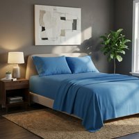 Snug City Soft Plain Brushed Cotton Fitted Flat Sheet Matching Pillowcases Set in Blue | Size: Double