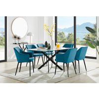 Leonardo Black Leg Glass Dining Table with 6 Calla Black Leg Chairs - Blue