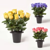 Homescapes Set of 3 Artificial Rosebuds with Gypsohila in Grave Vase - Pink, Violet, Yellow