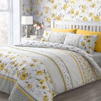 Printed Geo Floral Polycotton Ochre Duvet Cover Pillowcase Set - Ochre