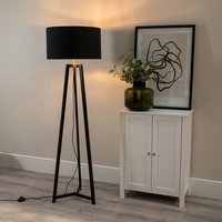Lottie Wood Floor Lamp with Metallic Shade and LED Bulb - Black