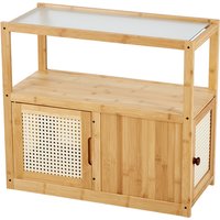 Wooden Glass Side Table with Wheels - Neutral
