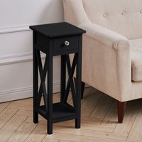 Narrow Carved Bedside Table with Drawer - Black