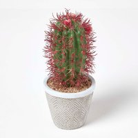 Homescapes Denmoza Artificial Cactus with Flowers in Patterned Pot, 25 cm Tall - Green