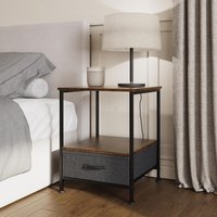 1 Drawer 1 Shelf Walnut Effect Black Metal Side Table - Brown
