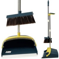 Long Handled Dustpan and Brush Set Soft Bristles Broom - Teal Yellow Silver