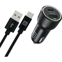 Dual Port Car Charger with Nylon Braided USB-A to USB-C Cable - Black / 10cm