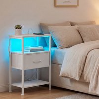 Two white bedroom bedside tables with LED charging storage - white
