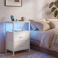 Two LED charging bedroom bedside tables with drawers and shelf - white