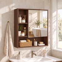 HOMCOM Bathroom Mirror Cabinet, Adjustable Shelves, Walnut Brown