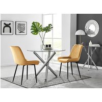 Selina Round Dining Table With Two Pesaro Black Leg Chairs - Mustard