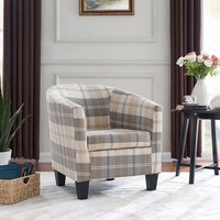Audrey Accent Bucket Tub Chair Occasional Armchair Wood Effect Legs - Beige Tartan