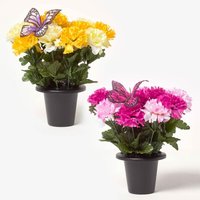 Homescapes Set of 2 Yellow Pink Carnation Artificial Flowers in Grave Vases - Yellow, Pink
