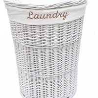 Brown Round Wicker Laundry Basket With Lid Lining - White / 59cm