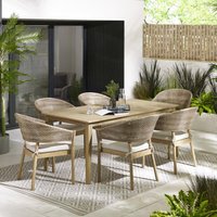 Wood Outdoor Dining Set - Rectangular Wooden Garden Table, 6 Wood Rattan Chairs - Natural