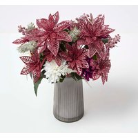 Set of 2 Artificial Red White Glitter Poinsettia Bouquets - Red & White