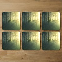 Sun, trees in a haze of light, glowing fog among the trees Designer Coaster Set - Green