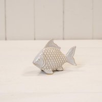 KDMD White Glazed Ceramic Fish Ornament with Textured Detail in Off-White