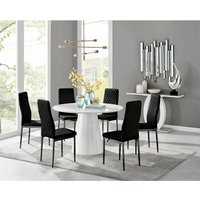 Palma White High Gloss Round Dining Table and 6 Velvet Milan Black Leg Chairs - Black