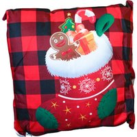 Christmas Themed Cushion Red Checkered With Stocking - Red/Black