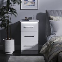 Paris Fully Assembled 3 Drawer Bedside Cabinet with LED lighting - White Gloss & White