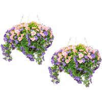 Hanging Rattan Basket of Multicolour Artificial Petunias - Purple / 2