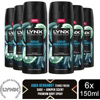 Lynx Fine Fragrance Collection Aqua Bergamot Deodorant Body Spray 150ml, 6 Pack - Black