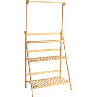 3-Tier Foldable Wooden Flower Shelf with Hanging Rod - Natural
