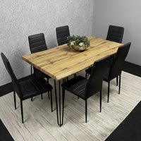 Modern Dining Table Set and 6 Black Chairs Kitchen Furniture - Brown