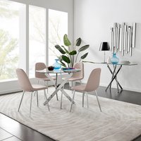 Novara Chrome Metal 100cm Round Glass Dining Table 4 Corona Silver Leg Chairs - Cappuccino