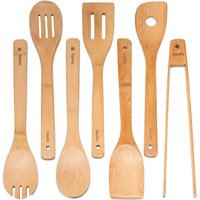 BlauKe Wooden Kitchen Utensils Set of 8 - Non-Stick Bamboo Cooking Utensils with Utensil Holder - Beige / 6cm