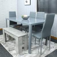 Grey Glass Table With 4 Grey Faux Leather Chairs And 1 Bench - Grey