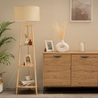 Hiru Wooden 3 Tier Shelf Floor Lamp with Shade - Natural
