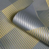 Geometric Hoxton Metallic Wallpaper - Grey, Yellow, Silver