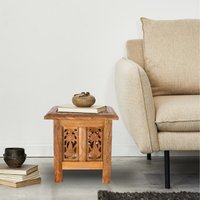 Square Carved Wooden Coffee Table Bedside End Table - Natural / 30cm