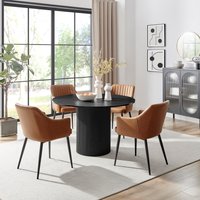 Penrose Black Round Dining Table 4 Calla Faux Leather Chairs - Tan