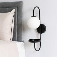 Milo Glass Globe Shade Curved Wall Light with Shelf - Black