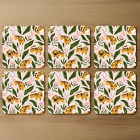 Cute tigers and tropical leaves and flowers Designer Coaster Set - Yellow