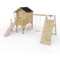 ClassicPlay Premium 5ft Playhouse on Deck with Double Swing, Slide and Climbing - Dusky Pink