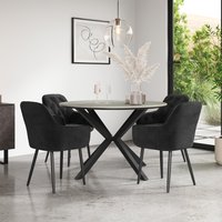 Calne Light Grey Ceramic Round Dining Table With 4 Anika Velvet Chairs - Black