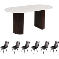 Luxor Mango Wood Dining Table Set 170Cm With Marble Top And 6 Chairs - Dark Wood