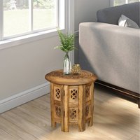 Round Carved Wooden Coffee Bedside End Table - Gold / 45cm