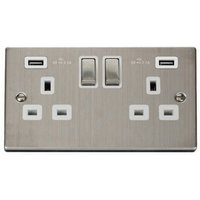 Stainless Steel 2 Gang 13A DP Ingot 2 USB Twin Double Switched Plug Socket - White